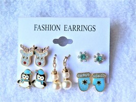 Xmas In July!! 5 Pr Asst Gold Holiday Earrings Blue White Glittery Reduced!! - $9.88