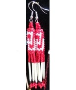 Native American Beaded Porcupine Dangle 3&quot; Earrings Red White Oklahoma O... - $41.13 CAD