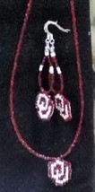 Beaded Oklahoma Sooners OU Earring &amp; Necklace Set Crimson White Glass Beads Nati - £39.37 GBP