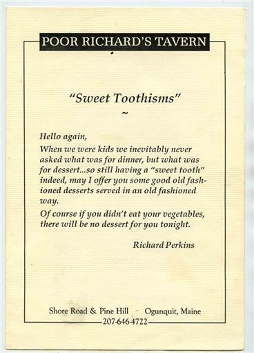 Primary image for Poor Richard's Tavern Sweet Toothisms Menu Shore Road Ogunquit Maine 1990's