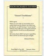 Poor Richard&#39;s Tavern Sweet Toothisms Menu Shore Road Ogunquit Maine 1990&#39;s - £24.92 GBP