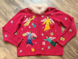 Vtg Christmas Sweater Angels Pink Embellished Purses Gifts Frilly Avery Isle - £17.81 GBP