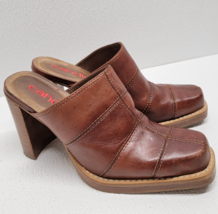 Vintage 90s y2k Candies Brown Patch Leather Chunky Wood Heel Mules Womens Size 8 - £42.82 GBP