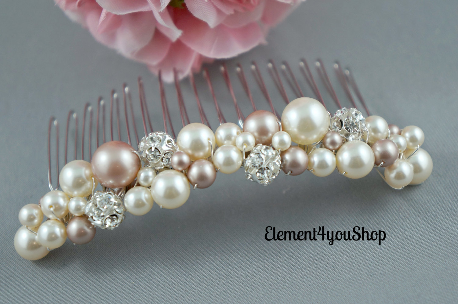 Bridal hair comb, Ivory champagne mix pearls, rhinestone balls, Beaded cluster