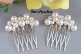 Bridal small hair combs, set of 2, Ivory pearls, Rhinestones, Flower girl brides - £23.98 GBP