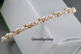 Bridal headband Pearl tiara Wedding ivory pearls headpiece Cream gold pearls rib - £23.97 GBP