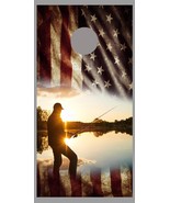 Aged American Flag Boat lake Fishing Design B Corn hole Board Decal Wraps - $19.99+