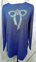 BOB MACKIE Wearable Art Medium Blue Metallic Sweater Embroidered Bow Womens M - £15.07 GBP