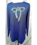 BOB MACKIE Wearable Art Medium Blue Metallic Sweater Embroidered Bow Wom... - £14.77 GBP