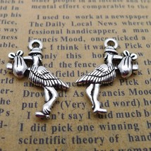 5 Stork Charms Baby Shower Favors Antiqued Silver 2 Sided Bird Pendants 24mm - £3.49 GBP