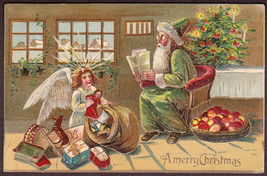 Green Suit Santa Reads List as Angel Bags Toys - German Color Emb. Postcard - £15.54 GBP
