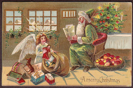 Green Suit Santa Reads List as Angel Bags Toys - German Color Emb. Postcard - £14.77 GBP