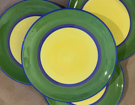 Dansk Dinner Plates (4) 10-1/2&quot; Caribe Aruba Yellow Green Navy Purple Stoneware - £31.10 GBP