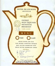 Hotel De L&#39;Europe Coffee Pot Shaped Menu Amsterdam Netherlands 1960&#39;s - £22.13 GBP