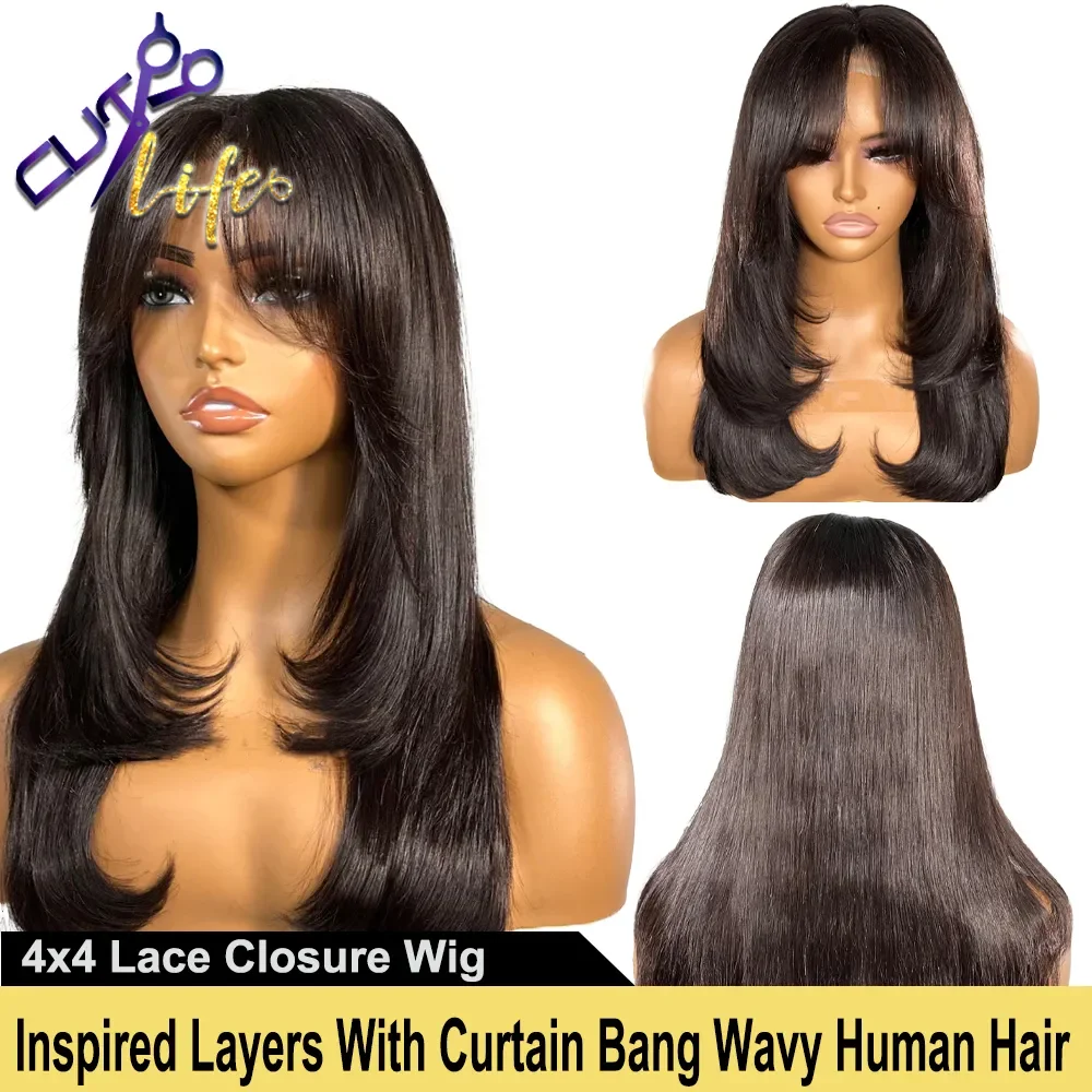 Wear To Go Inspired Layers With Curtain Bang Wavy 13x4 Lace Front Wig Gluele - £81.52 GBP+