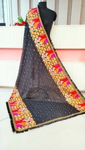 Women Dupatta Silk Chiffon heavy embroidery, lace &amp; mirrors Chunni BD10 Black - £28.03 GBP