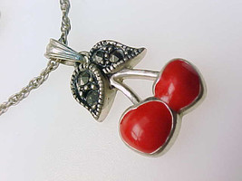 Red Enamel Cherry Genuine Marcasites And Sterling Silver Pendant And Necklace - £34.76 GBP