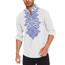 Mens Shirt Henley White Floral Print Casual Cotton Linen Beach Moroccan ... - £49.24 GBP
