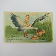 Postcard Comic Birth Announcement Two baby boy Stork Pond Antique 1909 Embossed - £7.82 GBP