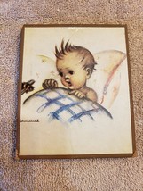 Wood Wall Art Plaque German Hummel Paper On Wood Child in Bed - $9.89