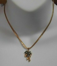 Avon Green Enamel Floral Rhinestone Pendant Necklace - £14.00 GBP