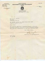 1935 State of Michigan Department of Labor and Industry Letter  - £13.63 GBP