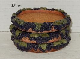 Set of 3 Vintage Ceramic &amp; Cork Floral Fruit Grapes Oval Round Coasters - $8.88