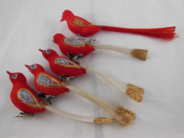 5 Vintage Red Flocked Clip Birds With Glitter Wings &amp; Fiber Optic Tail 6.5&quot; Long - $34.64