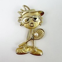 Vintage AJC Tennis Player Pin Brooch Swivel Head Gold Tone Simulated Pearl - £14.22 GBP