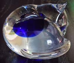 Cobalt Blue &amp; Clear Colored Glass Kitty Cat Paper Weight - $14.84