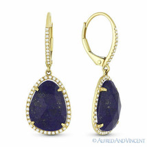 7.48ct Blue Lapis Round Cut Diamond Pave 14k Yellow  Gold Dangling Drop Earrings - £607.38 GBP