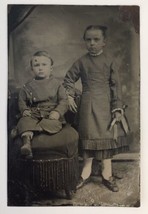 Antique Tintype Photo of Adorable Little Boy and Girl Well Dressed Children Kids - $20.00