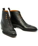 Handmade Men&#39;s Ankle High Boot, Men Black Leather Cap Toe Lace Up Casual... - £101.67 GBP+