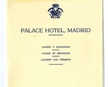 Palace Hotel Madrid Spain Laundry and Pressing Cost Brochure 1950&#39;s - £15.56 GBP