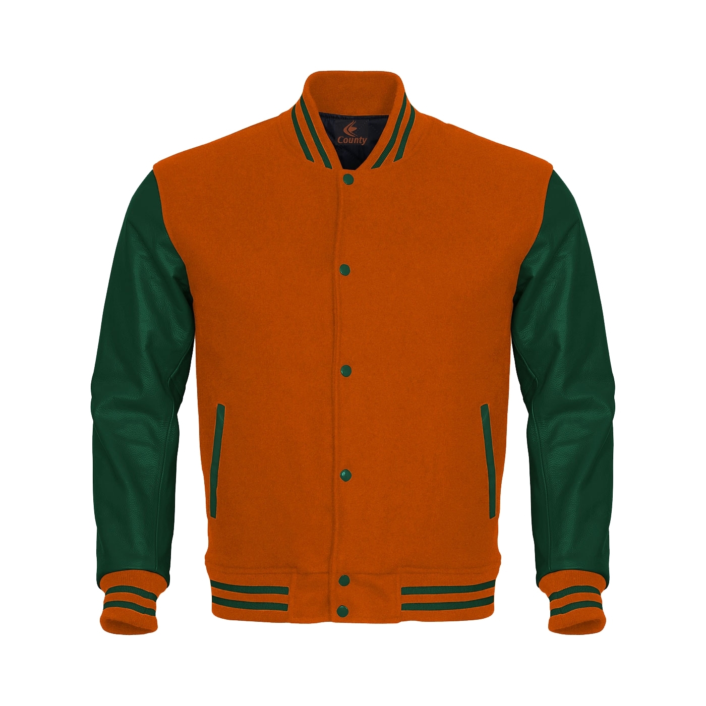 Varsity Jacket Letterman Jacket Bomber Jacket Orange Body Green Leather Sleeves