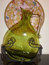 Vintage Glass Large Green Tilted Pitcher with Metal Stand 12.5&quot; High Blenko??? - £78.58 GBP
