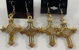 Lot of 2 Gold Toned Celtic Cross 2.5 in Dangle Earrings Jewelry Craft DIY - £7.89 GBP