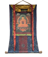 SHAKYAMUNI BUDDHA OLD OIL VARNISHED ORIGINAL TIBETAN THANGKA WITH SILK B... - $155.37