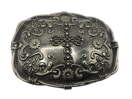 religious flower swirl cross on western outlined Silver Tone belt buckle - £10.70 GBP