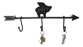 Cast Iron Rustic Farmhouse When Pigs Fly Angel Pig With Arrow 3-Peg Wall Hooks - $17.99