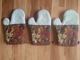Vintage Set of 3 Franco Christmas Poinsettia Holly and Pears Oven Mitts ~ Nice - £10.24 GBP