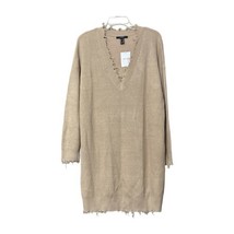 Forever21 Women Tan Knit Long Sleeve V-Neck Frayed Sweater Dress Size Medium New - £11.74 GBP