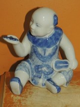 Chinese Boy holding Bat 6&quot;+ Porcelain figure figurine Blue White Vintage... - $29.24