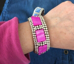 Fuchsia Pink Shell Silver Bead wide cuff Bracelet - $11.88