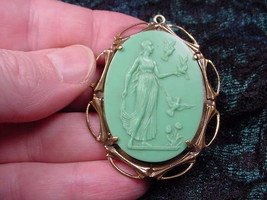 (CM17-4) Green WOMAN Feeding BIRDS flower CAMEO love bird Pin pendant bird lady - £26.14 GBP