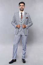 Men 3pc Vest Suit WESSI by J.VALINTIN Extra Slim Fit JV42 Blue Plaid TURKEY USA image 5