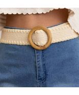 Boho Whipstitch Raffia Belt with Wooden Round Buckle Ivory - $363.21 MXN
