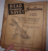Vtg John Deere combination Rake Bar Loaders Nos. A306 &amp; A306 G Setup Dir... - $3.99