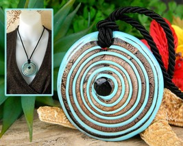 Glass Pendant Necklace Lampwork Turquoise Copper Concentric Circles  - £22.29 GBP