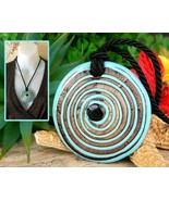 Glass Pendant Necklace Lampwork Turquoise Copper Concentric Circles  - $27.95